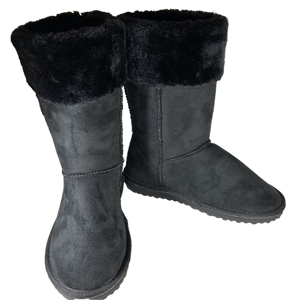 Women's Boots Black Pullon Lined Size 7 Faux Suede Cushioned Winter Classic EUC